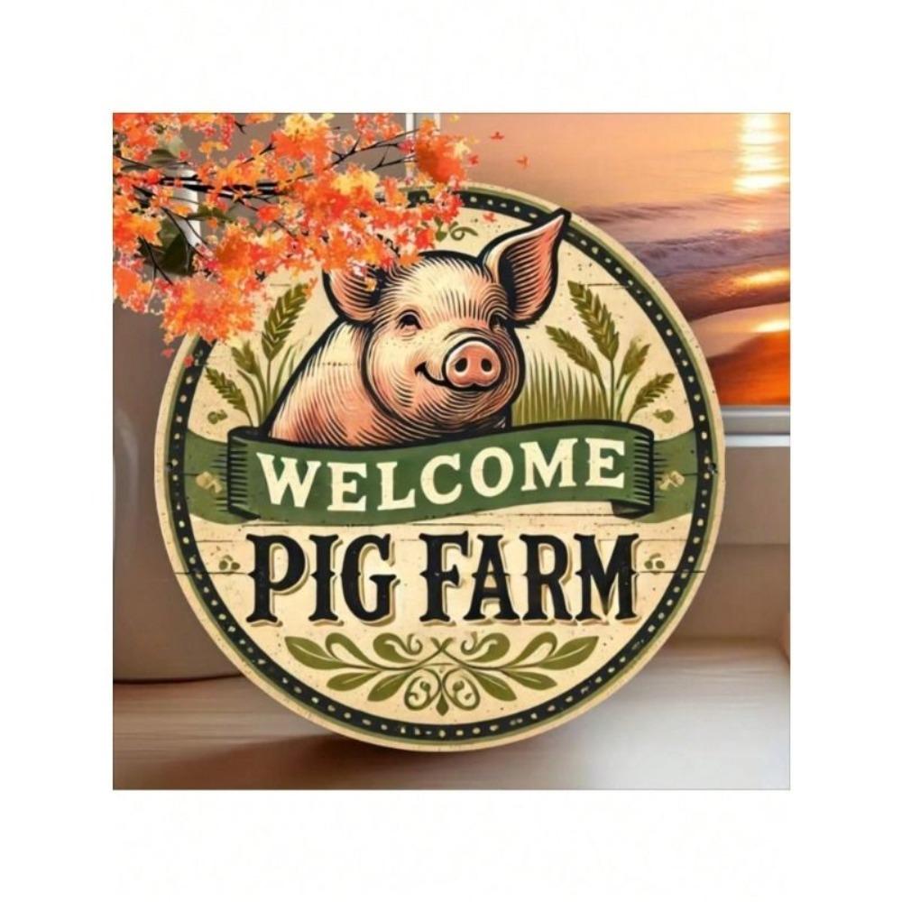 Vintage Farm Pig Round Metal Wall Art Home Decor Sign