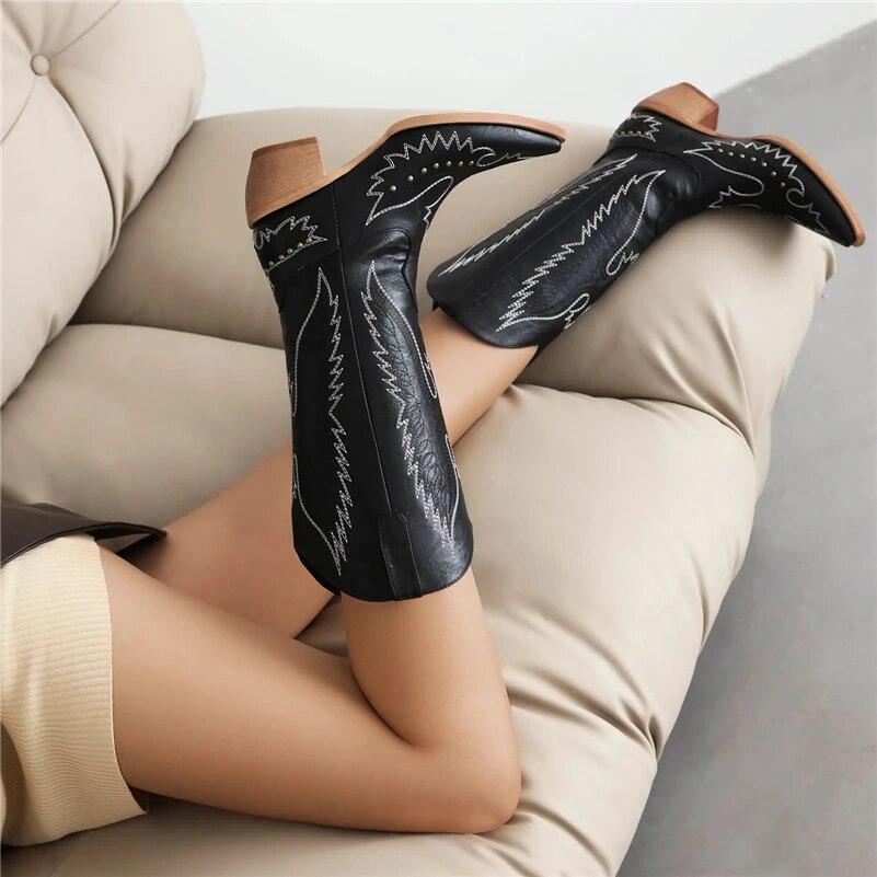 FOREADA Women Mid Calf Boots Pointed Toe Thick High Heels Rivets Embroidery Western Cowgirl Boot Ladies Fashion Shoes Winter 43