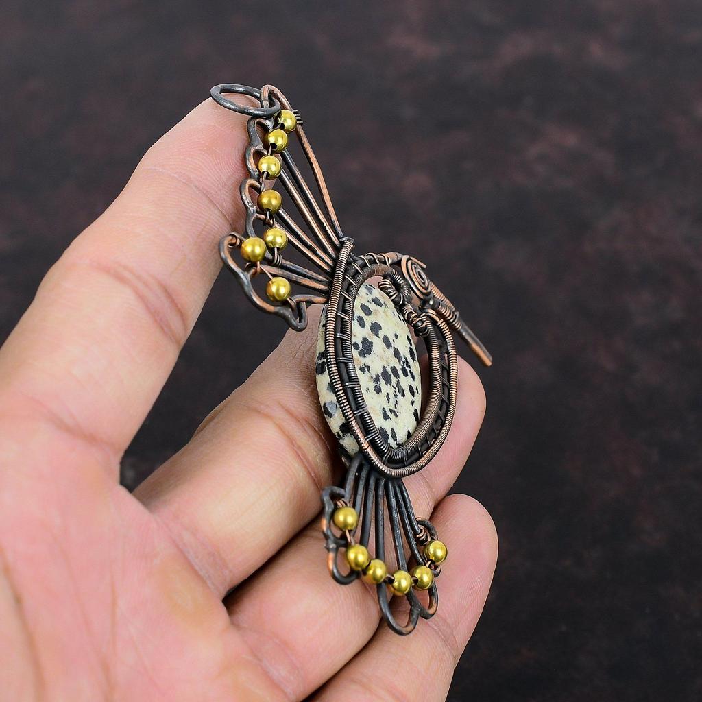 Dalmatian Jasper Pendant Copper Wire Wrapped Pendant Handmade Jewelry Natural Gemstone Pendant Stylish Copper Jewelry Bird Pendant For Gift