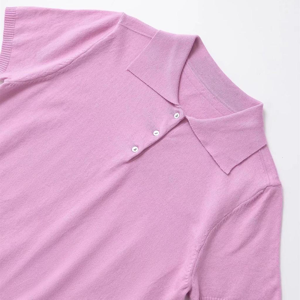 2025 Spring Women's Slim Fit Knit Sweater - Sweet & Simple Turn-Down Collar, Short-Sleeved