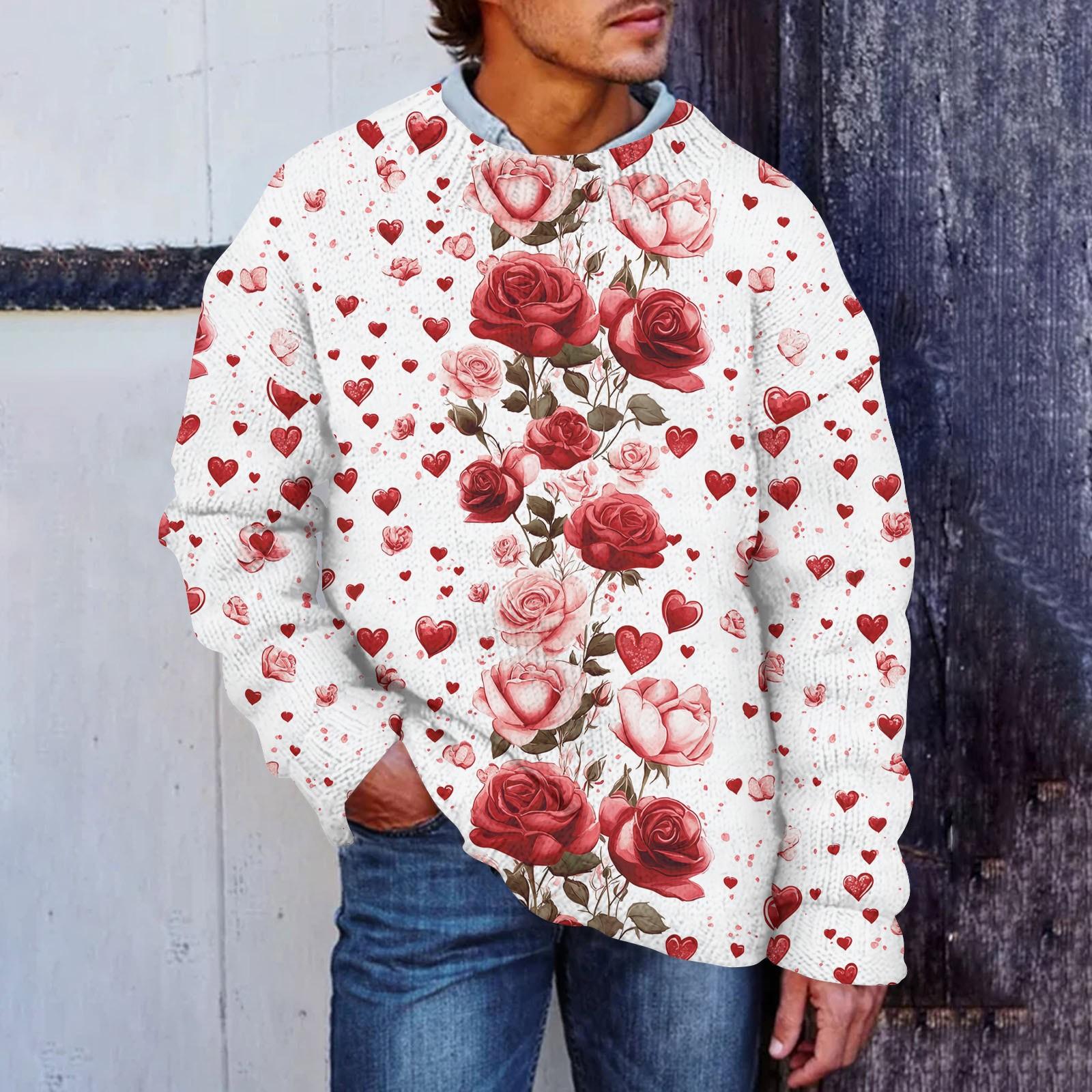 

Мужской свитер с принтом ко Дню святого Валентина, толстовка с круглым вырезом, свободный топ с длинными рукавами XL винный