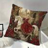 Vintage Christmas Unicorn & Princess Throw Pillow Cover, Fantasy Castle Poinsettia Art Print Decorative Cushion For Sofa Couch