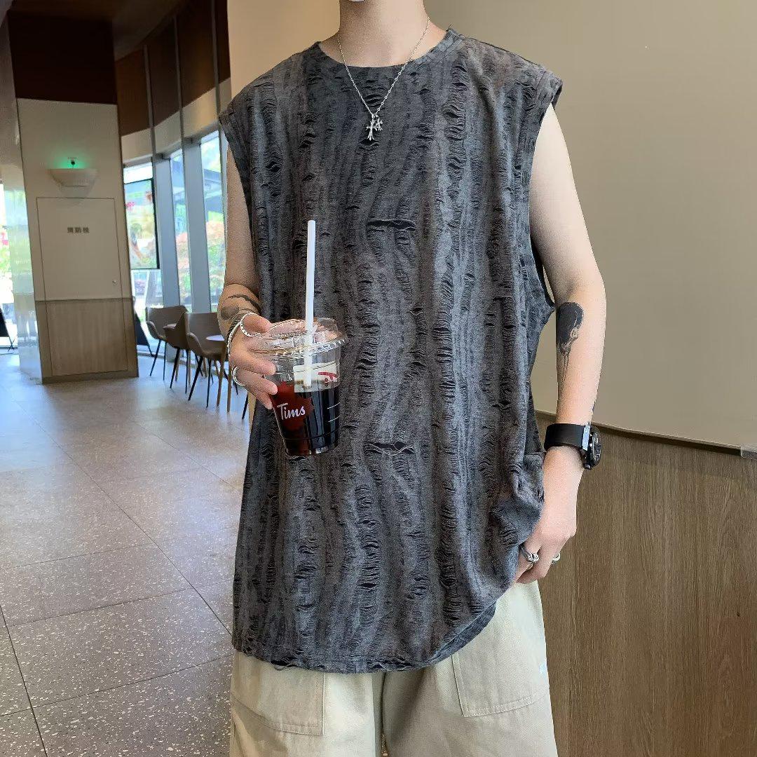 

Мужской ретро хлопковый жилет без рукавов в гонконгском стиле: Бунтарский, Рваный Летний Дизайн Medium темно-серого