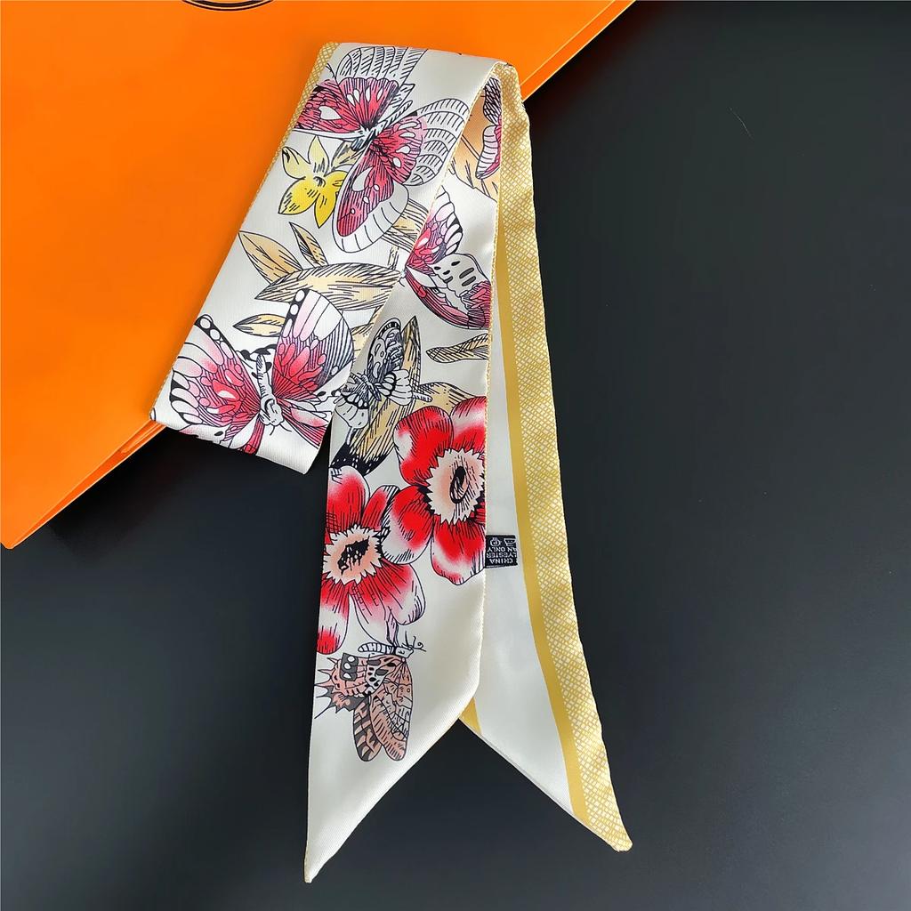 Französischer Frühlings-Hot-Sale: Damen-Twill-Tasche mit scharfem Hornriemen, Pflanzen- und Dschungeltiermotiven, Seidenband, Haarband und kleinem Schal mit Punktmuster