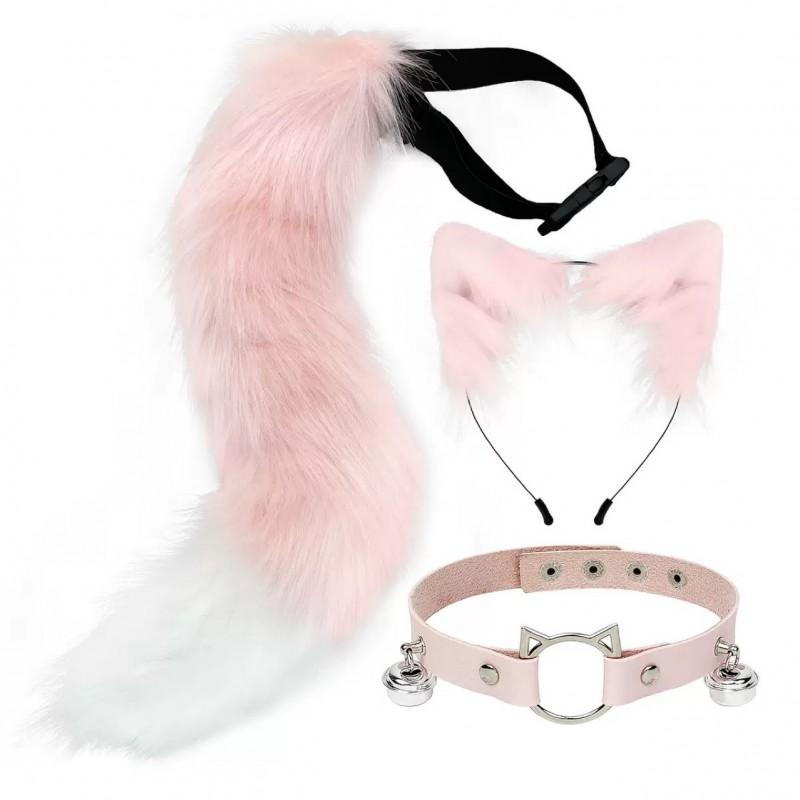 Cosplay Furry Ear Headband Tail Set With Bell Collar Anime Fans Adult Costume Accessories