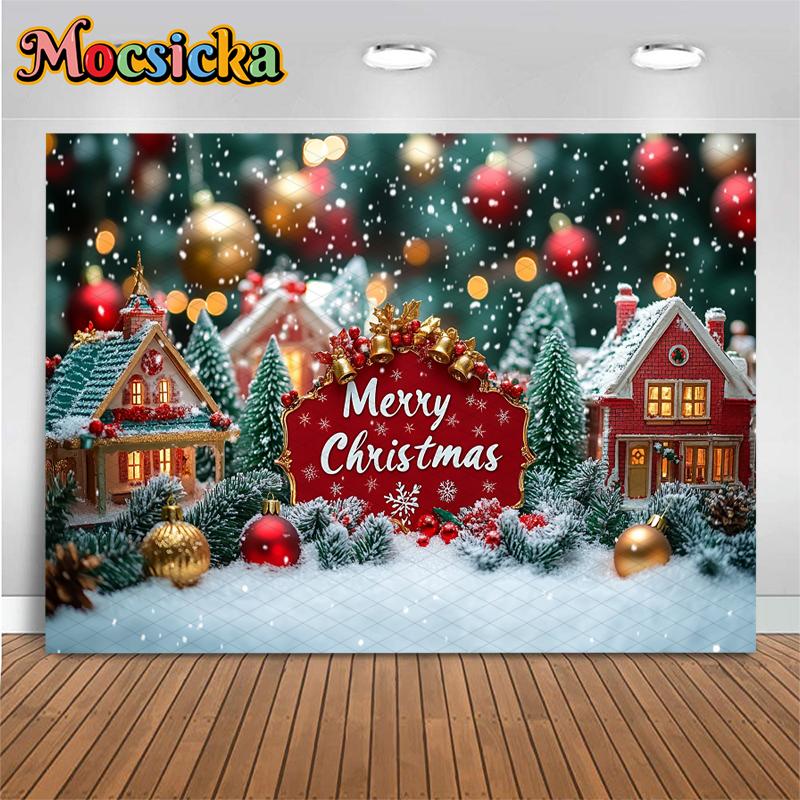 Mocsicka Merry Christmas Background Photography House Small Bell Snowflake Xmas Tree Decorations Party Backdrop Photocall Banner