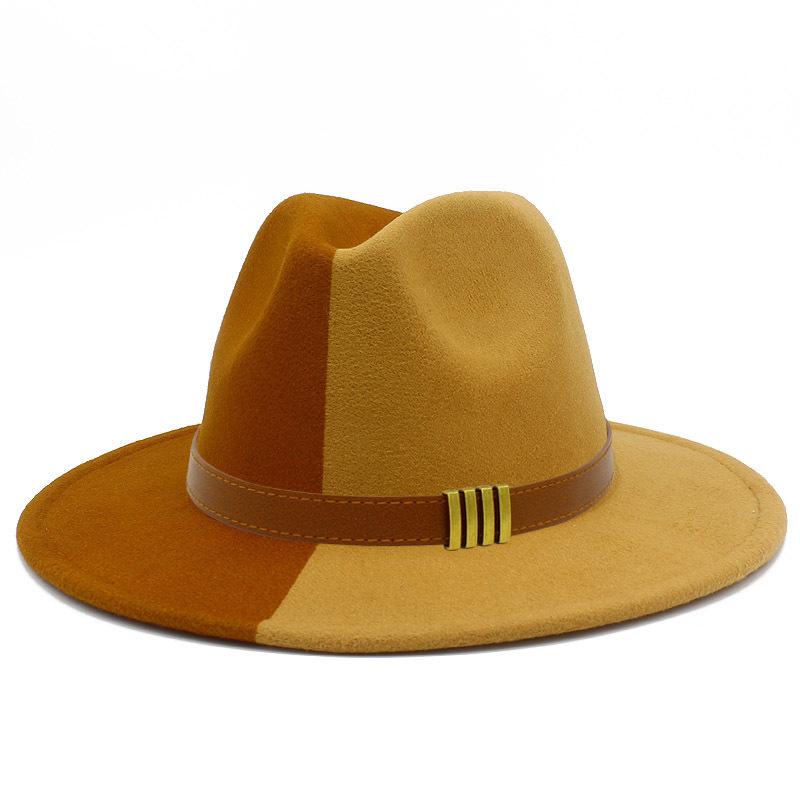 French Retro Double-color Woolen Top Hat Simple Belt Buckle Hepburn Style Wide-brimmed Cowboy Hat British Style Jazz Hat