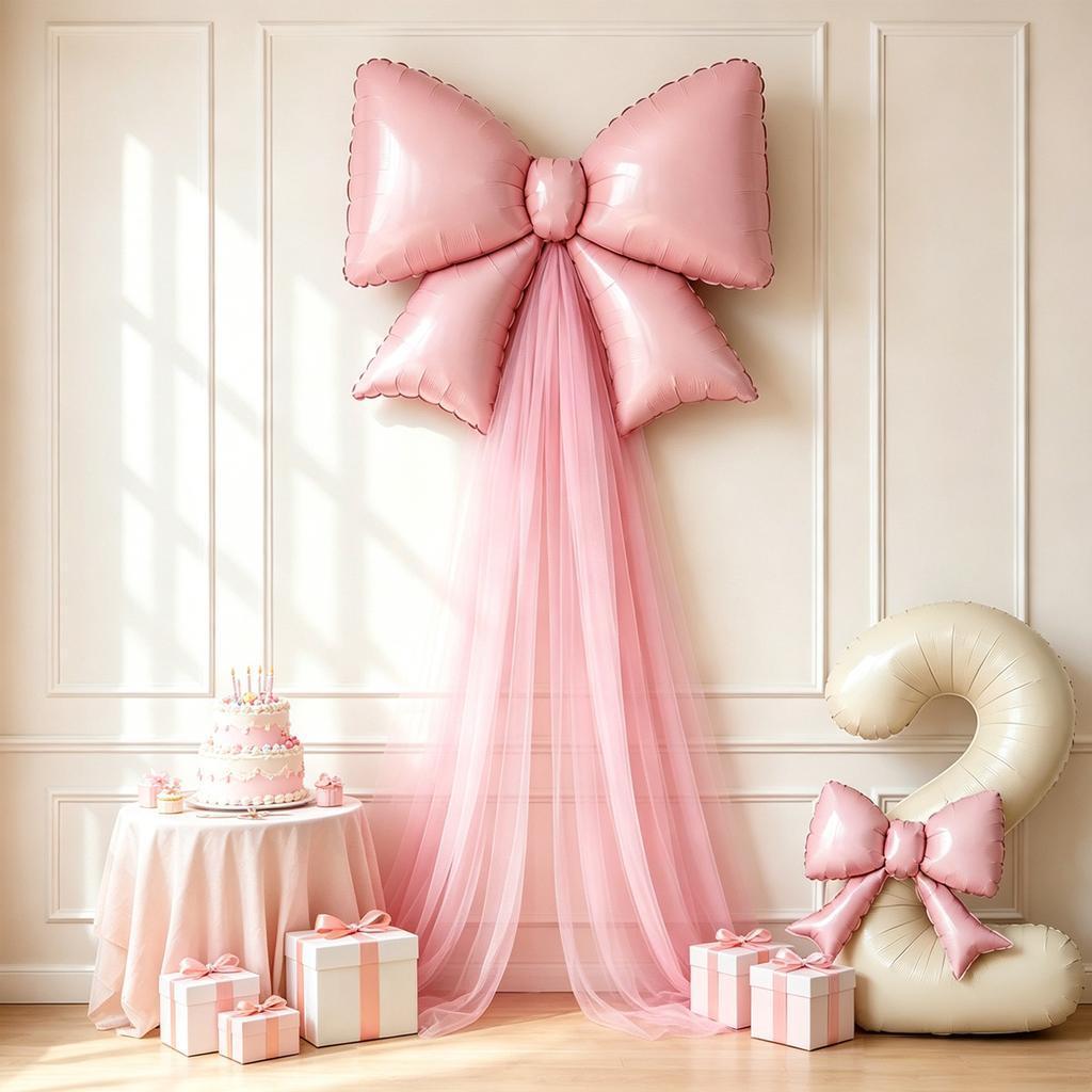 5-teiliges DIY-Schleifen-Geburtstags-Hintergrunddekorations-Ballonset Enthält 40 Zoll Cremeweiße Zahlen-Folienballons 0-9 Hellrosa Schleifen-Ballons mit