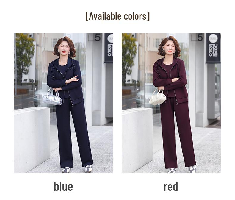 Mom's 2026 Spring Sportswear: Middle-aged & Elderly Women's Elegant Casual Three-Piece Jacket Set for Spring/Autumn.