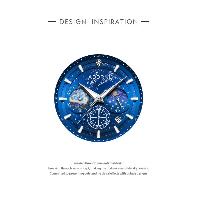 ABORNI Casual Sporty Brand Stainless Steel Band Wristwatches for Men Chronograph Quartz Watches with Date Moon Phase Watches