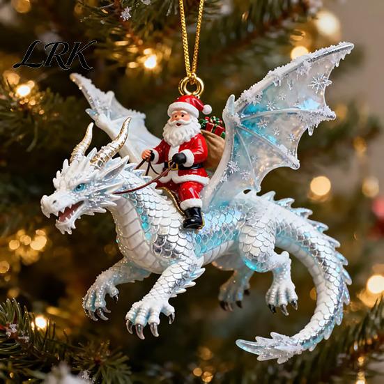 Fantasy Style Ornament Santa Claus Dragon Rider Christmas Ornament, 2D Acrylic Red Durable Resin Decoration with Flying Tree Hanging Decorations