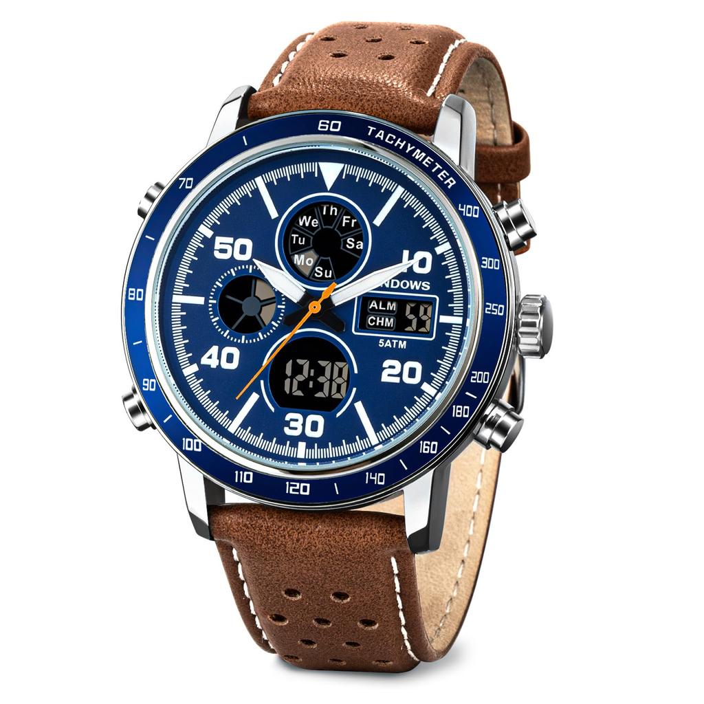 PINDOWS Genuine Leather Casual Analog-Digital Watch, Retro Racing Strap Model PDS-642, Blue/Brown, Men's