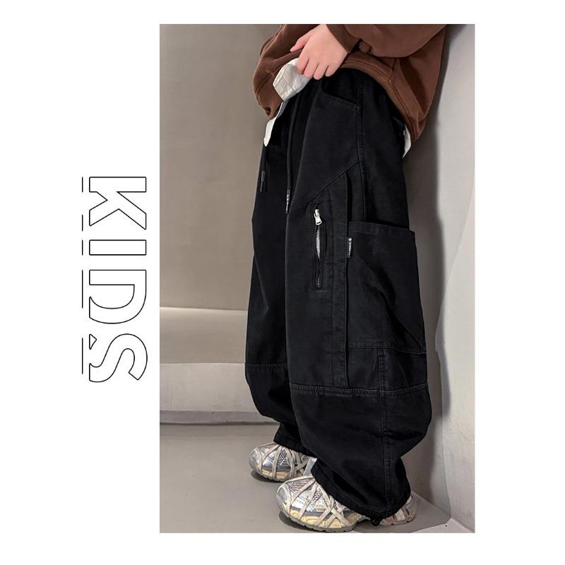 Boy S Fleece Cargo Pants Winter Thickened Solid Color Older Boys Trousers