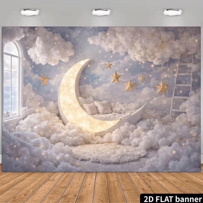 2D Whimsical Starry Moon Backdrop Newborn Party Photography Background
