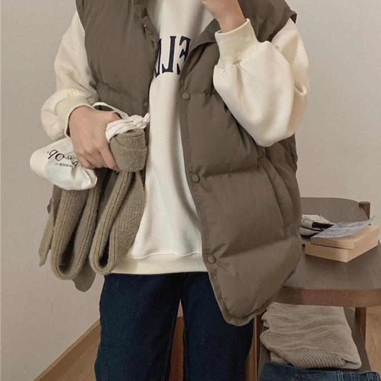 Women's Short Down Vest - 2025 Korean Style, Loose Fit, Sleeveless Jacket for Autumn & Winter