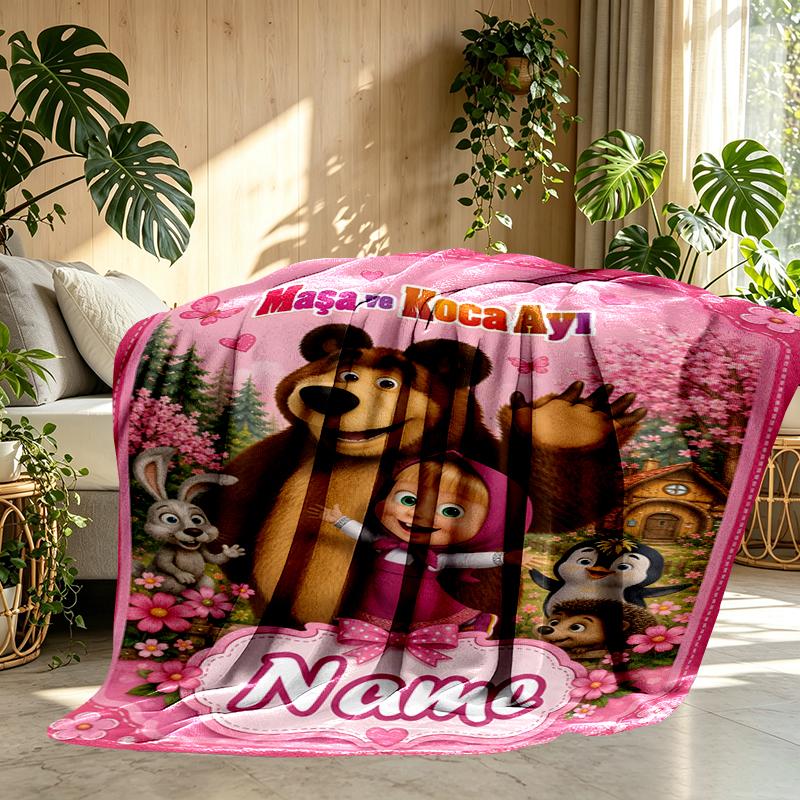 Custom Name Personalized Masha and The Bear Print Blankets, Home Decor, Bedroom, Sofa, Camping, Couch, Gifts for Birthday Christmas