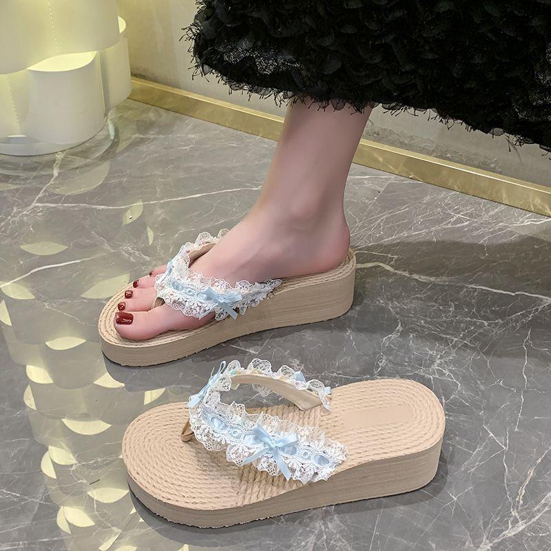 Fashion Non-slip Fairy Slope Heel Flip-flops 2025 New Sweet Slippers Beach Sandals Summer Wear