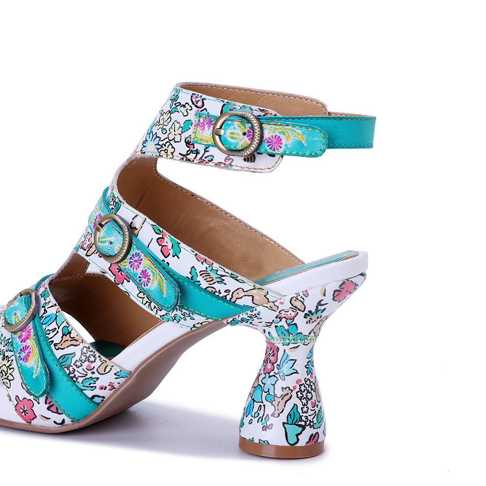 Johnature Sandály s otevřenou špičkou z pravé kůže s potiskem, ručně vyráběné, módní dámské boty na vysokém podpatku