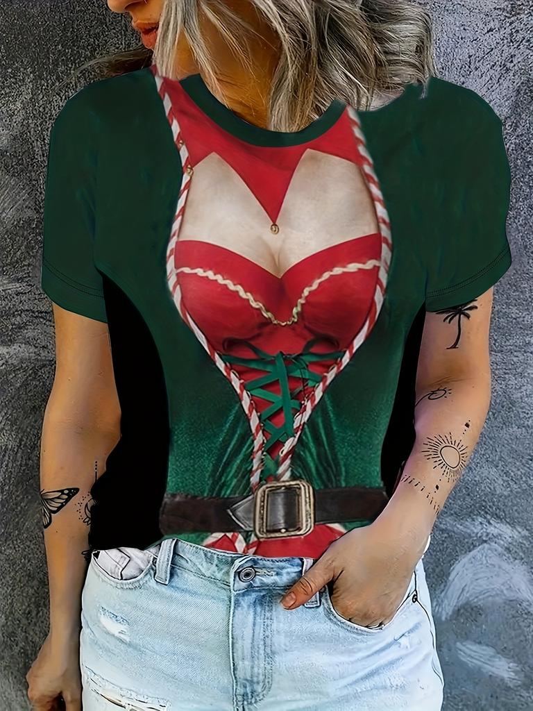 Women's T‑shirt Christmas Elf Costume 3D Fake Outfit Print Short Sleeve Crew Neck Summer Casual Party Tops Women Clothing