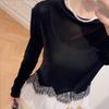 Socialite Lace Ruffle Velvet T-shirt Women's Autumn and Winter New Versatile Top French Style