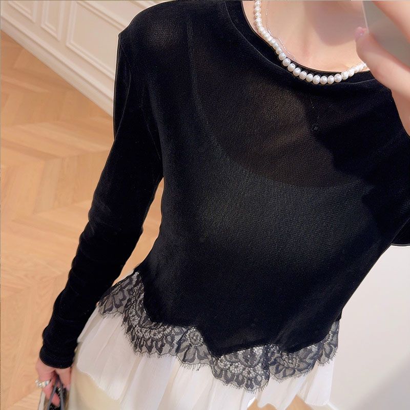 Socialite Lace Ruffle Velvet T-shirt Women's Autumn and Winter New Versatile Top French Style