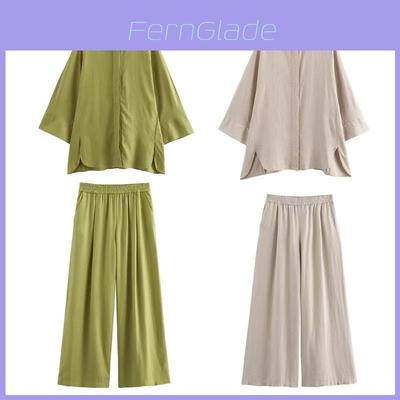 Casual Linen Pantsuit With Solid Color Print For Women Spring