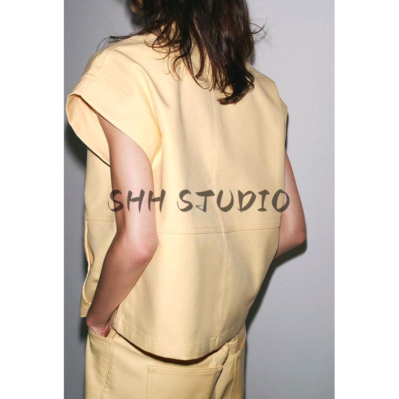 Cotton Blend Lapel Sleeveless Drop Shoulder Design Loose Vest 5216065 Mid Waist Wide Leg Pants 5216064