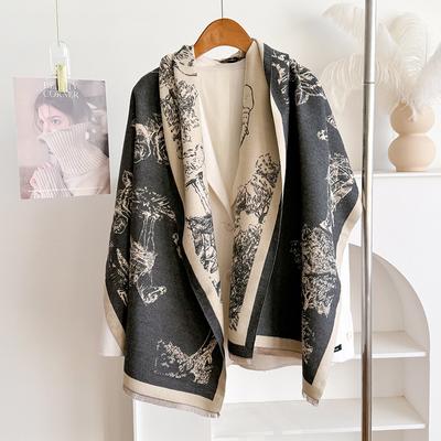 Retro Dwustronny Nadruk Imitacja Kaszmiru Damski Szalik Zimowa Moda Wysoki Temperament Pogrubiony Ciepły Wszechstronny Szal