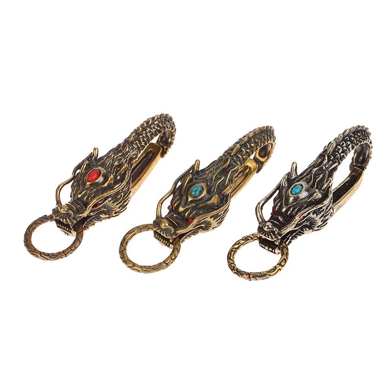 Pure Brass Red Eyes Dragon Head Keyrings Zodiac Dragon Keychain Vintage Muži Přezka v pase Přívěsek na klíče od auta Přívěsek na klíče Dárky Řemesla