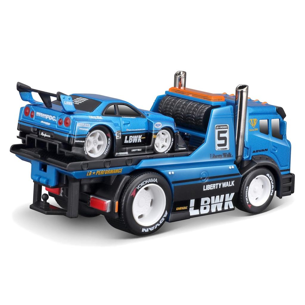Maisto Muscle Machines Muscle Transporter Diecast Model Car Flatbed Liberty Walk Nissan Skyline R34 1/64 / (JDM / GT-R - Blue/Black 11546)