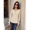 TIFICY Women's Fashion Casual Spring Autumn Solid Color Print Long Sleeve V-Neck Blouses & Shirts