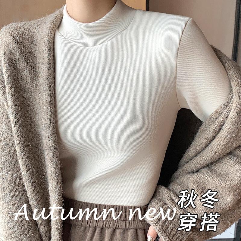 Women Mock Neck Slim Fit Knit Sweater Thermal Shirt Fleece Lined Warm Top Autumn Winter Long Sleeve Blouse