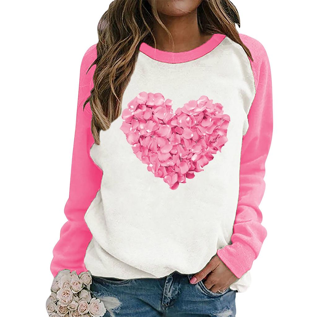 Ladies Casual Valentine's Day Print Round Neck Color Block Long Sleeve Pullover