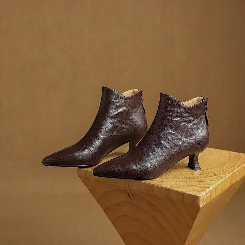 Fashion 2025 Spring Vintage Pointed Toe Women Ankle Boots Fashion Thick Heel Shoes Concise Short Botas De Mujer