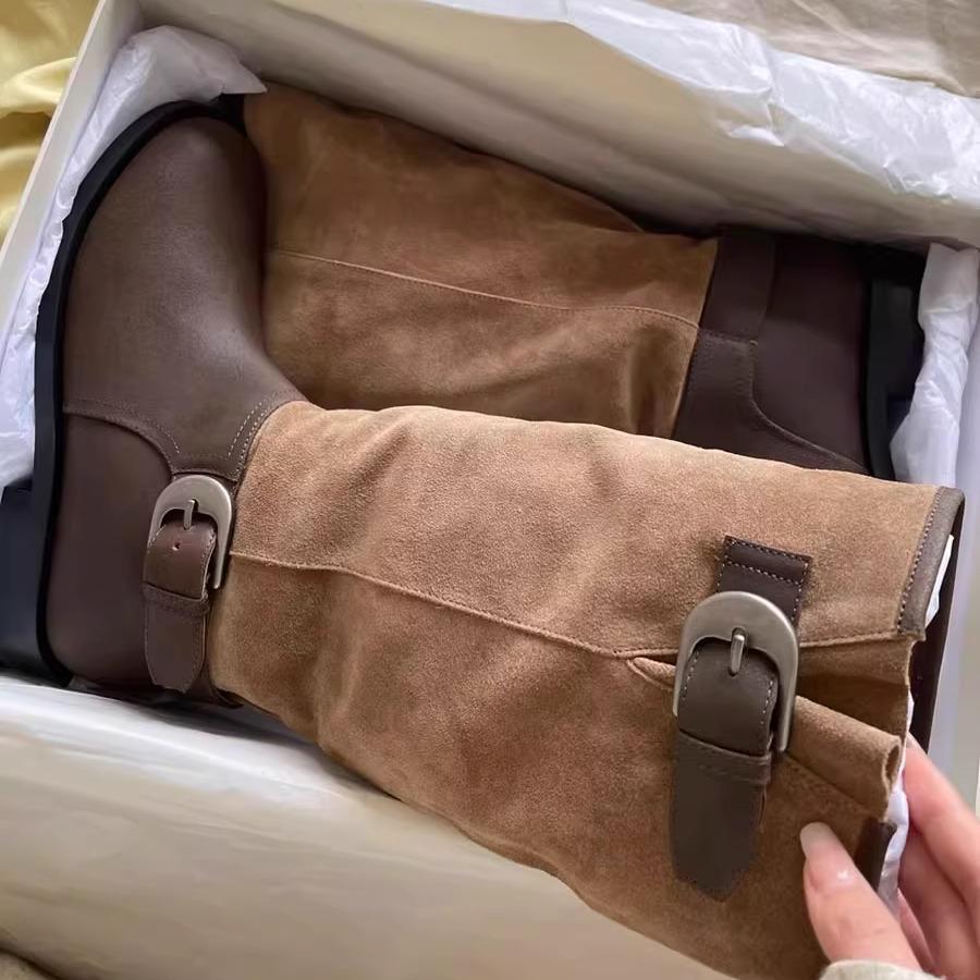 

Cowhide version~ Genuine leather wrinkled belt buckle western medium boots women s retro slim long boots round head high boots 40 коричневый