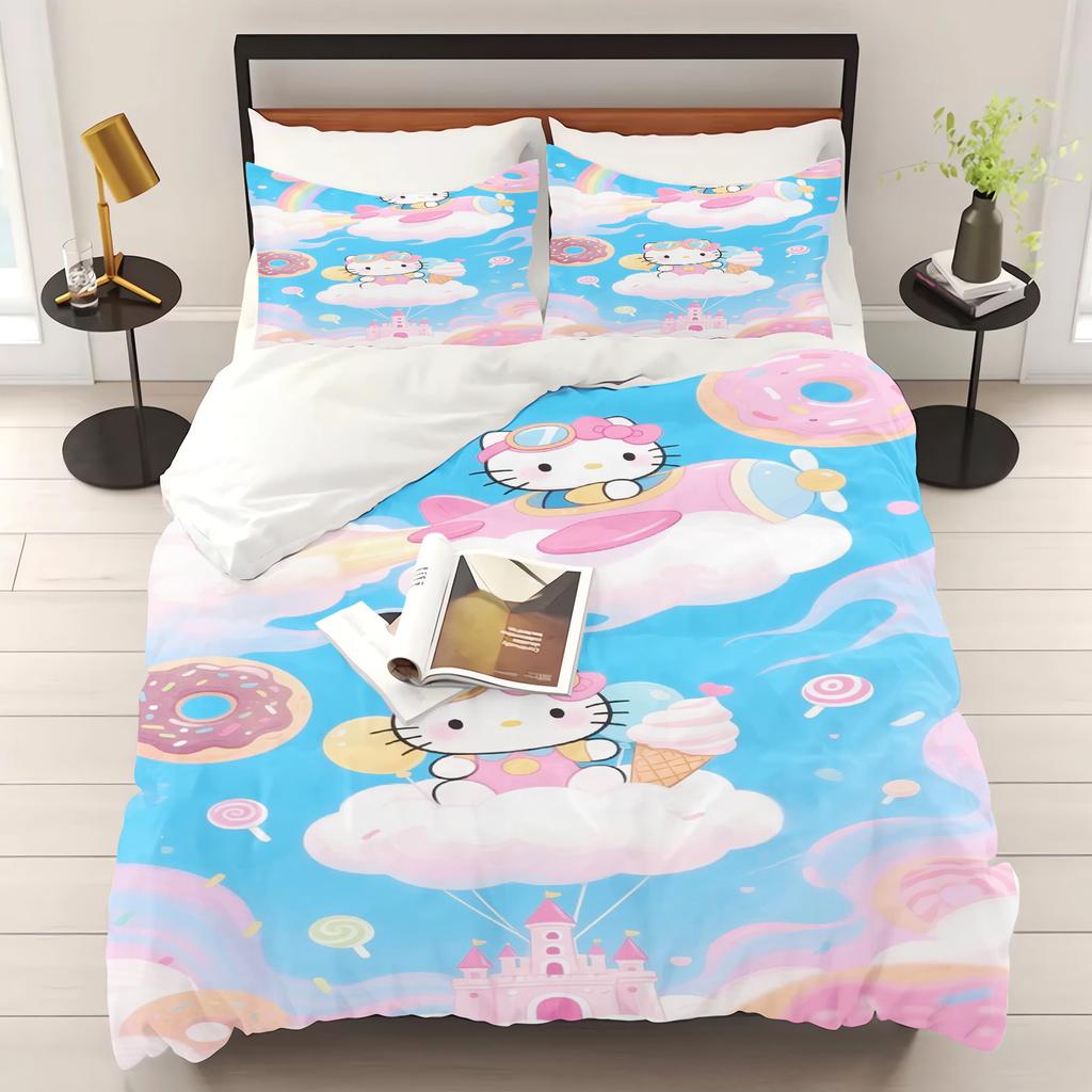 Zestaw pościeli do sypialni z nadrukiem Hello Kitty Poszewka na kołdrę Prezenty świąteczne Komfortowy Kreskówka Z poszewką na poduszkę