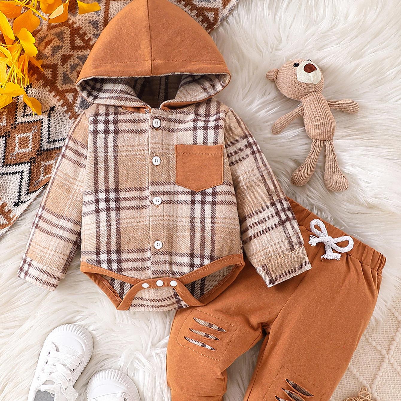 

Клетчатая градиентная рубашка с капюшоном и комплект ромпера с длинными брюками для детей - Осенне-зимняя мода 3-6 Months светло-коричневого