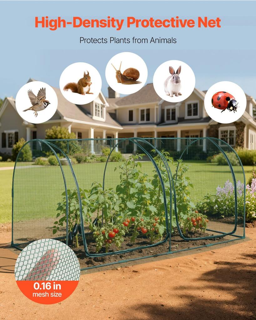 Crop Cage, 2.48 x 1.2 x 1.2 m Plant Protection Tent with Zippered Door, Wind-Resistant Tall Crop Cage, Easy to Install, Outdoor Raised Bed Cover with
