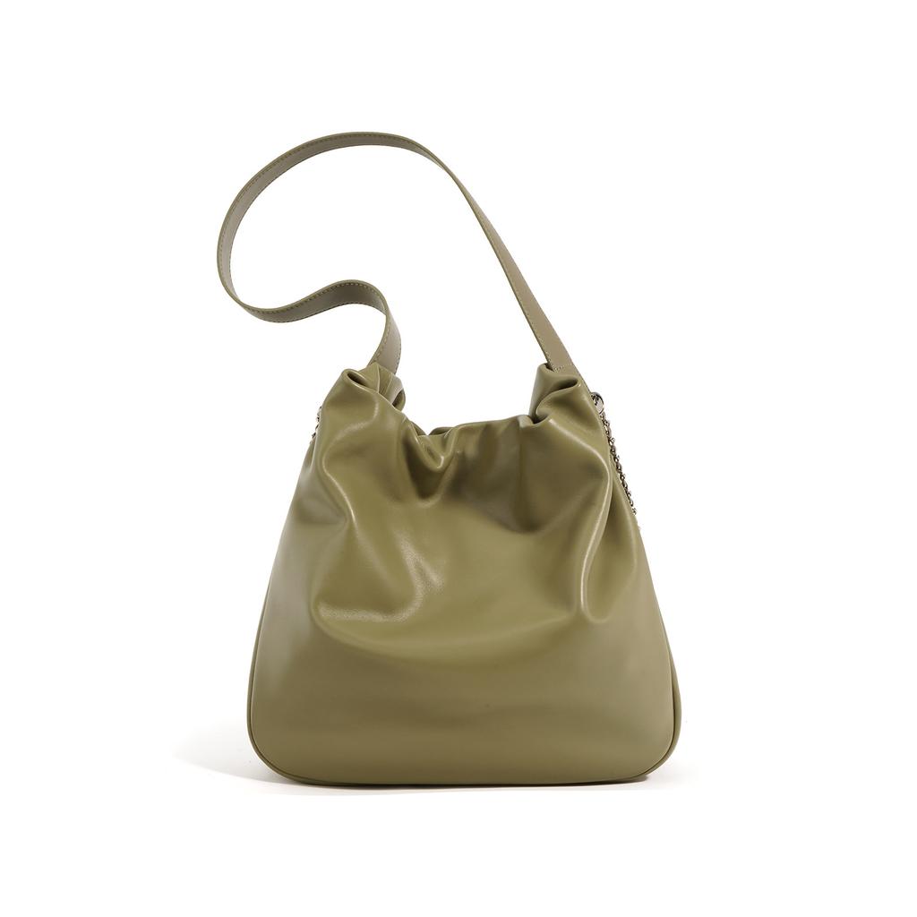 New Cowhide Tote Bag Women's Pleated Bag Commuting Versatile Simple Underarm Bag Large Capacity Bucket Bag