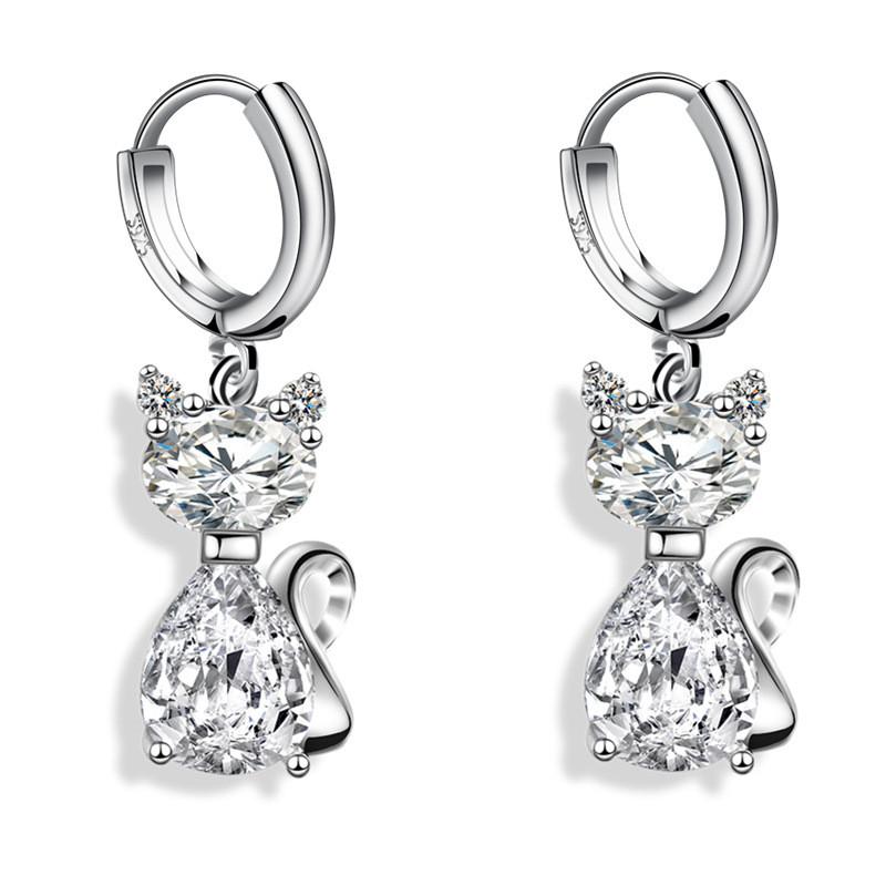 Aqua Blue Pink White Zircon Animal Earring Female Cute Small Cat Hoop Earrings For Women Trendy Silver Color Bridal Jewelry Gift