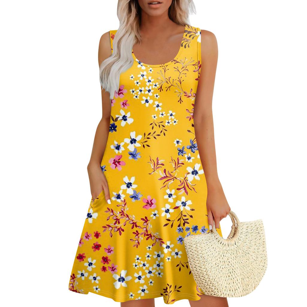 Women's Summer Casual U-shaped Tie Pocket Popular Floral Print Dress