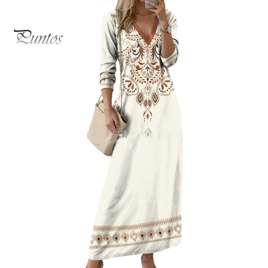 

Весна Осень Женское Платье V-образный вырез Длинные рукава А-силуэта Цифровой Цветочный Принт Макси Платье Для Свиданий Повседневная Одежда Свободное Платье S белый