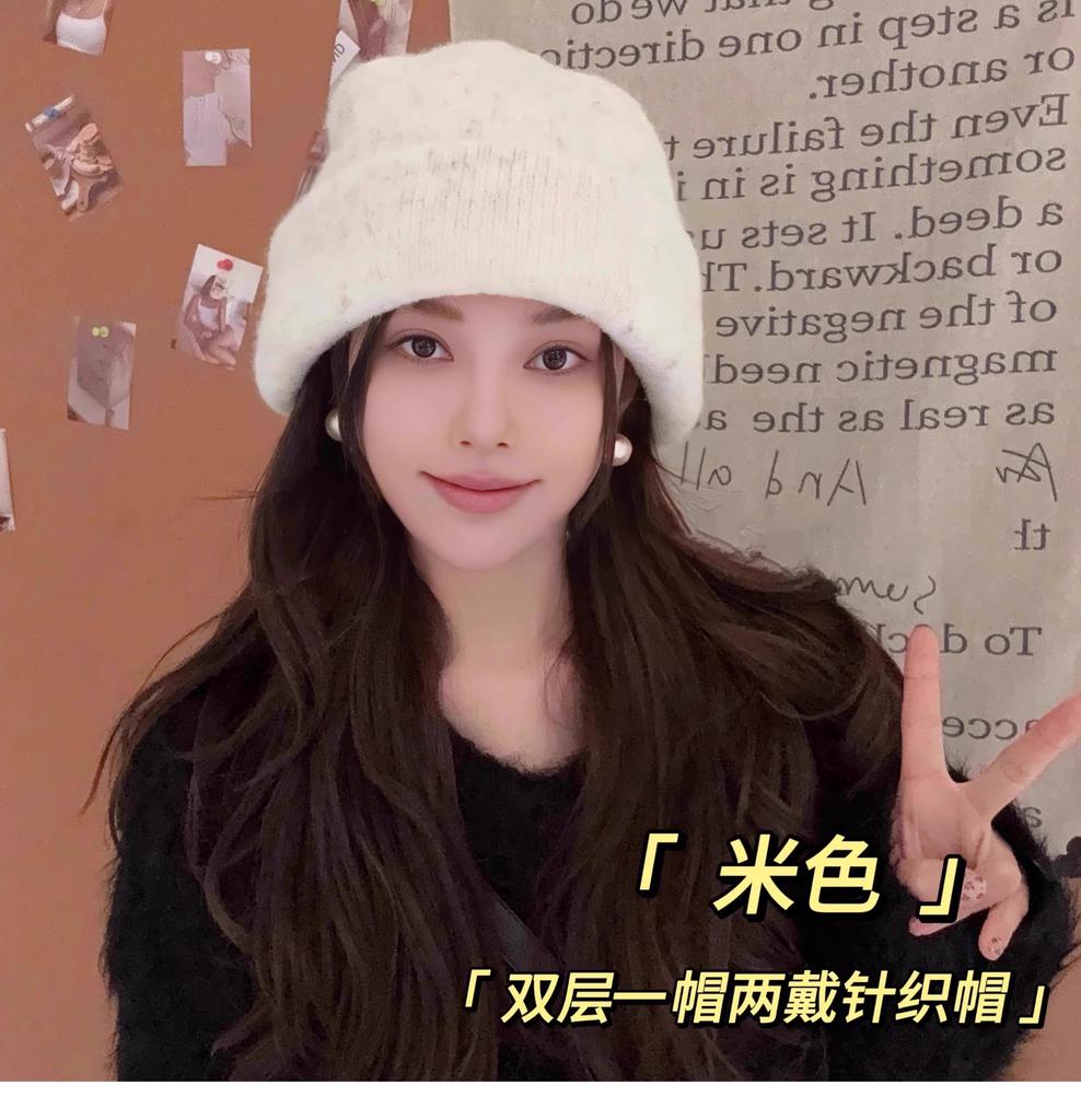 One Hat And Two Wool-Blend Knitted Hats For Women'S Warm Double-Layer Thickened Wool Hats, Big Head Circumference Stacking Hats