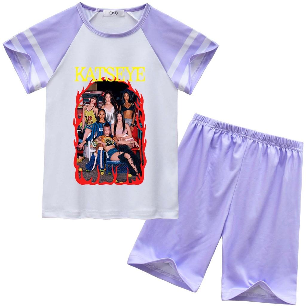 

92638 Kids Girls KATSEYE Print Short Sleeves Top Pants Pajamas Sleepwear Sets 150cm фіолетовий