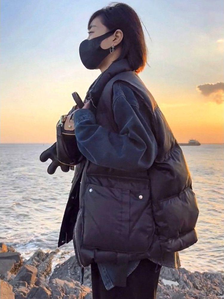 Glänzende waschfreie Daunenbaumwollweste für Damen - Herbst/Winter Stehkragen, ärmellos, modische Oberbekleidung