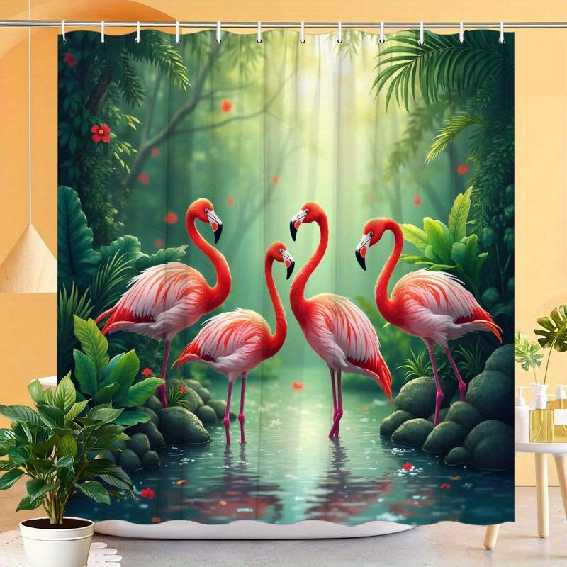 1pc Flamingos In Tropical Forest Digital Painting Shower Curtain Lush Natural Scene Design Polyester 70.8x70.8inch with 12 Hooks