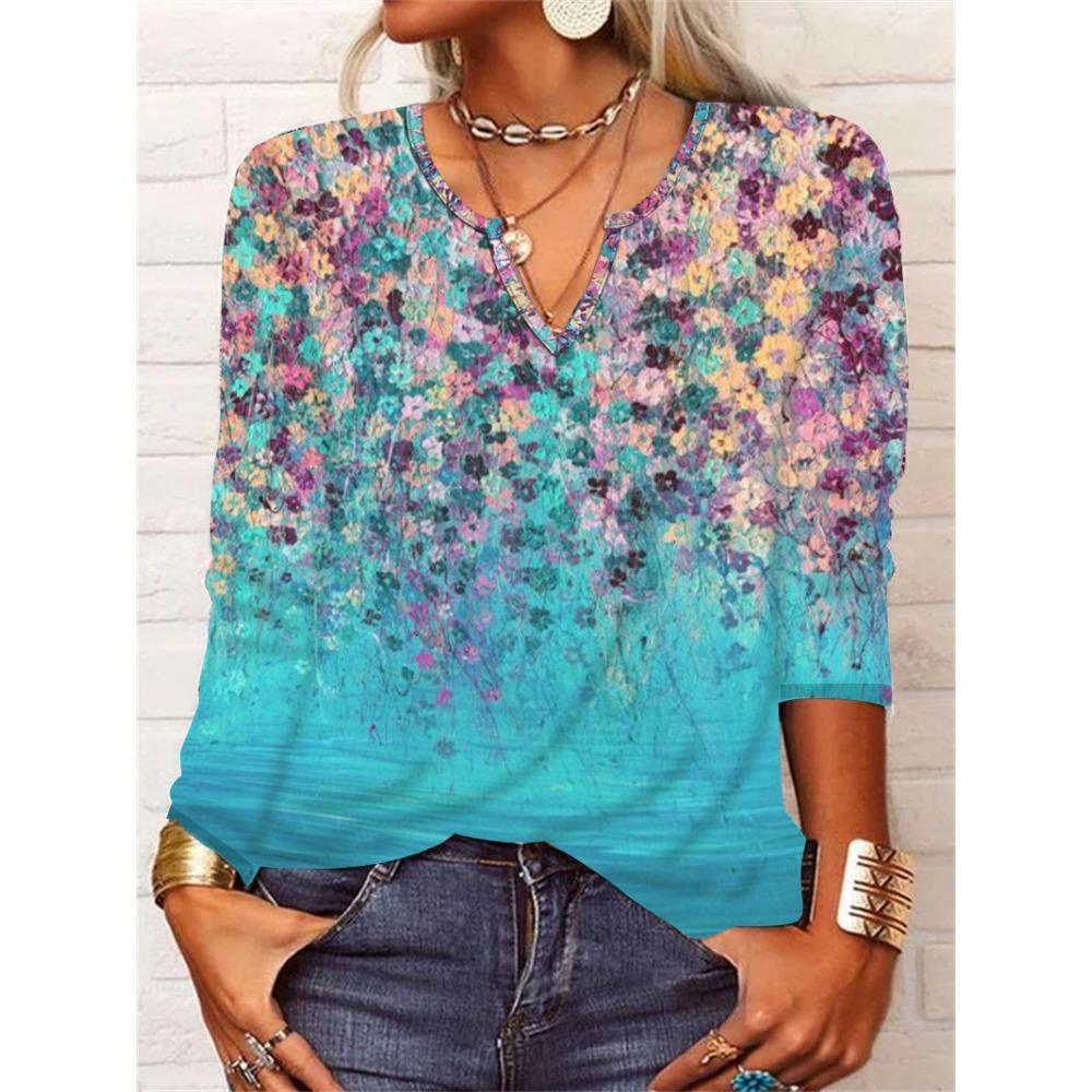 GMXIA Autumn Loose Long Sleeve Flower Bold V-neck T-shirt Base for Women