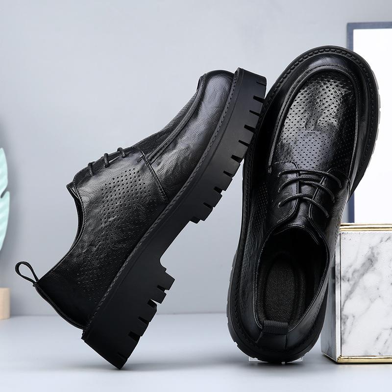 Large size men's shoes spring and summer new trend thick-soled breathable hollow casual shoes business men's big head leather shoes genuine leather