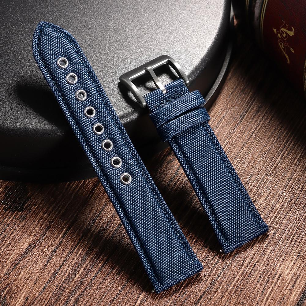 

Ремешок для часов из парусины с матовой пряжкой, браслет 22 мм для Seiko Business, водонепроницаемый ремень из нейлона и кожи, мужской, женский, быстросъемные ремешки 22mm&Silver Buckle синий