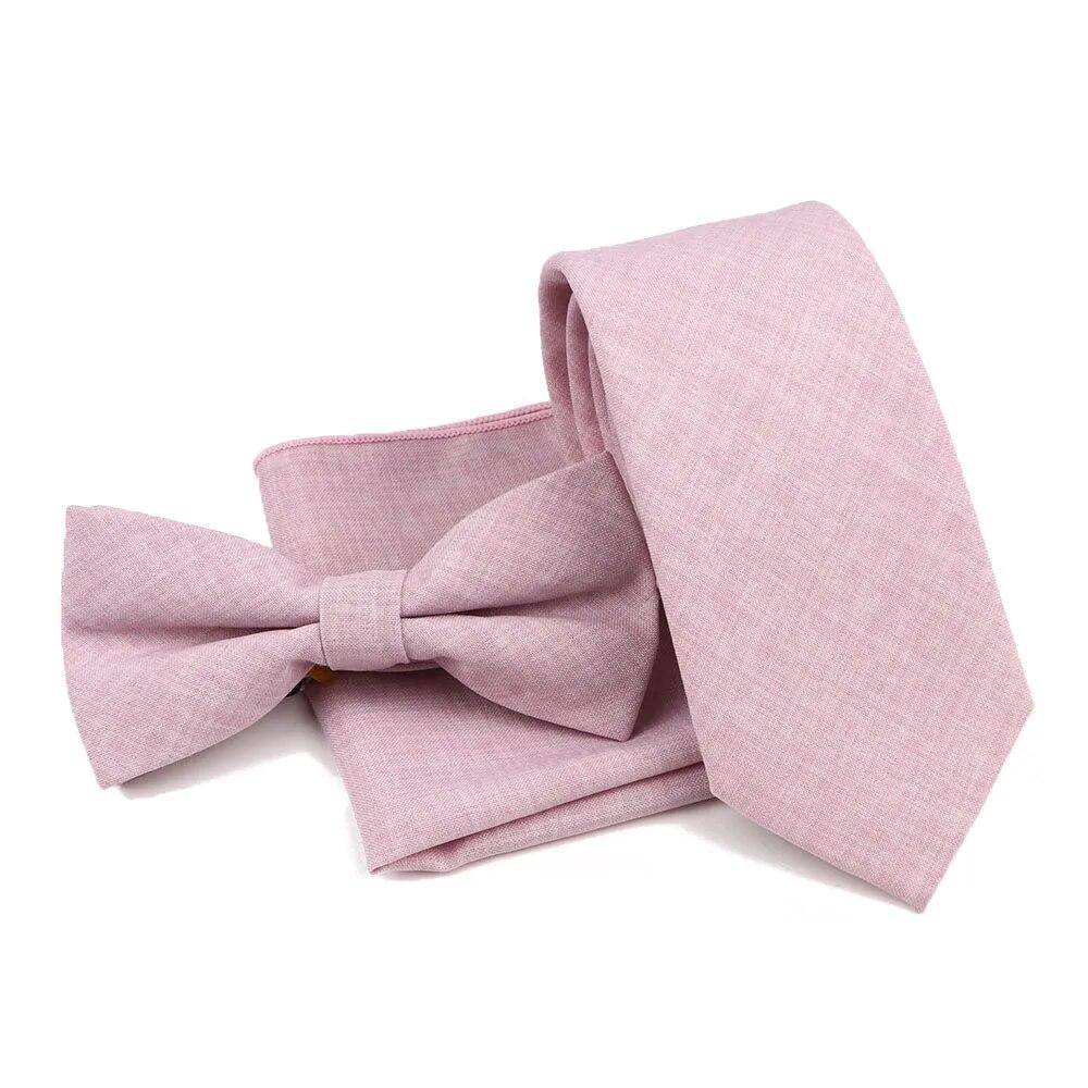 Men Fashion Solid Color Cotton Tie Bowtie Handkerchief Set Wedding Party Butterfly Necktie